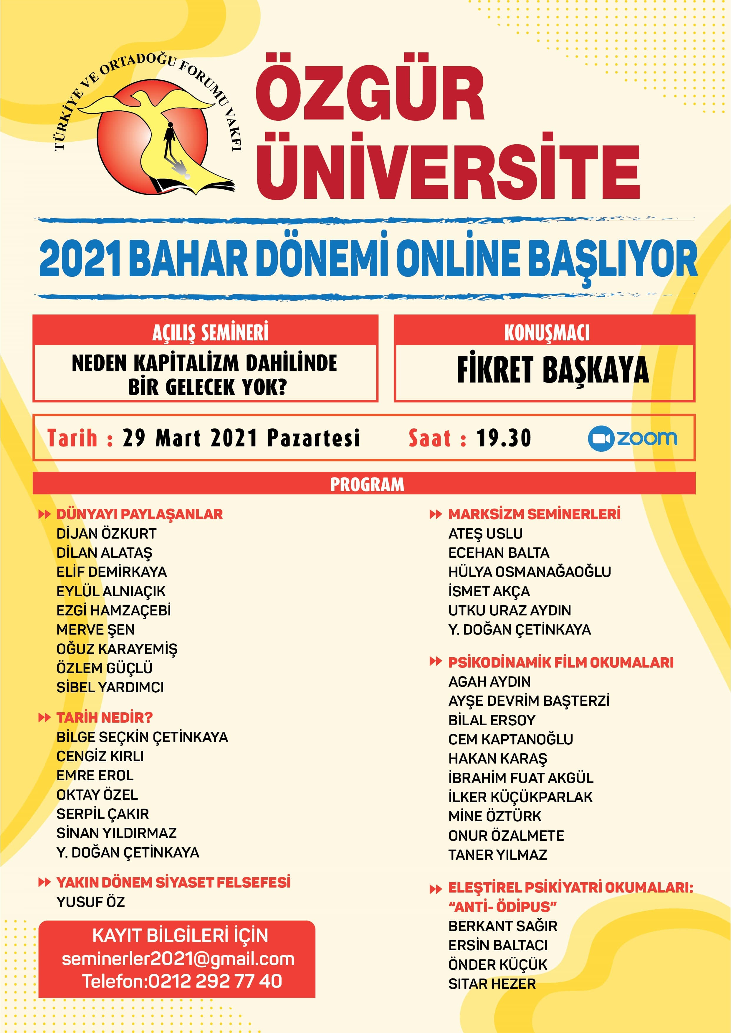 2021 BAHAR DÖNEMİ ONLİNE (ZOOM) OLARAK BAŞLIYOR!